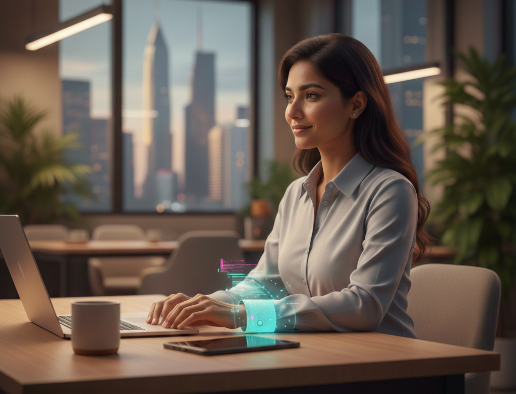 Mujer en oficina usando tecnología Colors4mi para gestión de estrés