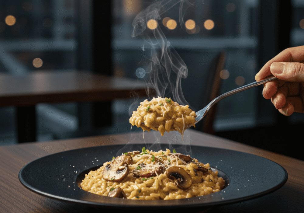 Risotto de setas y trufa servido en plato térmico de lujo Ballanze