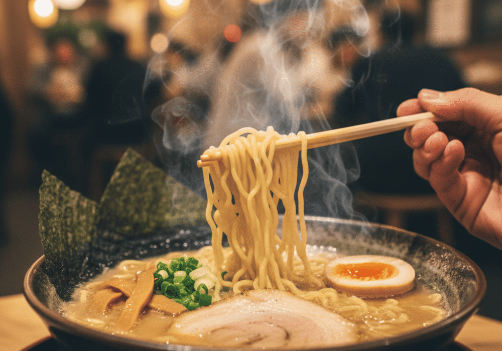 Bol de ramen casero saludable mantenido caliente en mesa térmica Ballanze