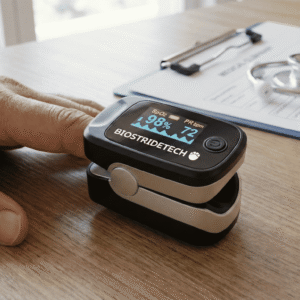 Pulsioxímetro de dedo BioStrideTech colocado en una mano sobre mesa médica
