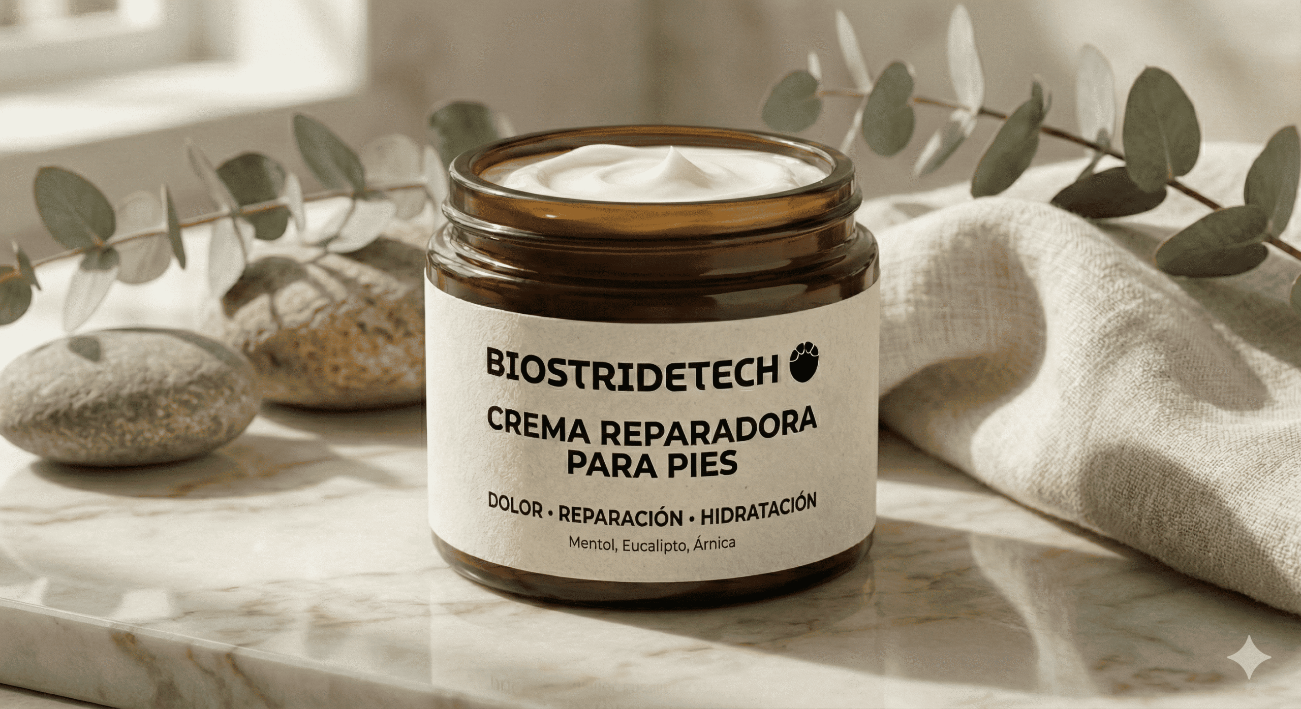 Crema reparadora para pies BioStrideTech con mentol y árnica para alivio del dolor y recuperación