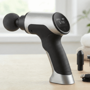 Pistola de masaje muscular BioStrideTech con pantalla LCD y cabezales intercambiables
