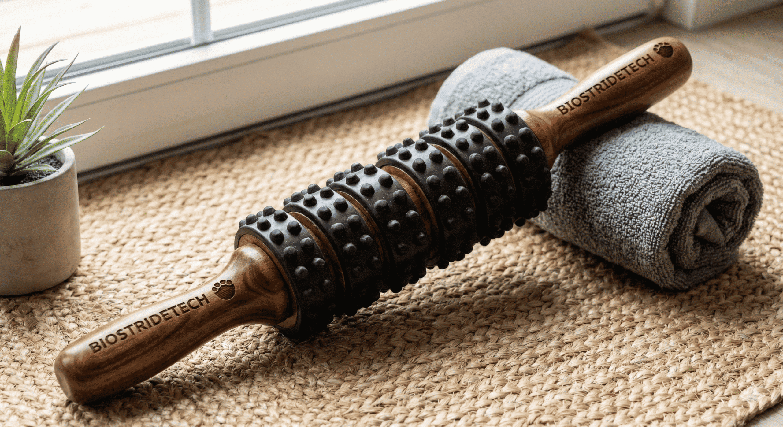 Rodillo de masaje de pies BioStrideTech de madera con textura de acupresión para alivio plantar