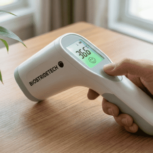 Termómetro digital BioStrideTech infrarrojo mostrando temperatura normal en pantalla verde
