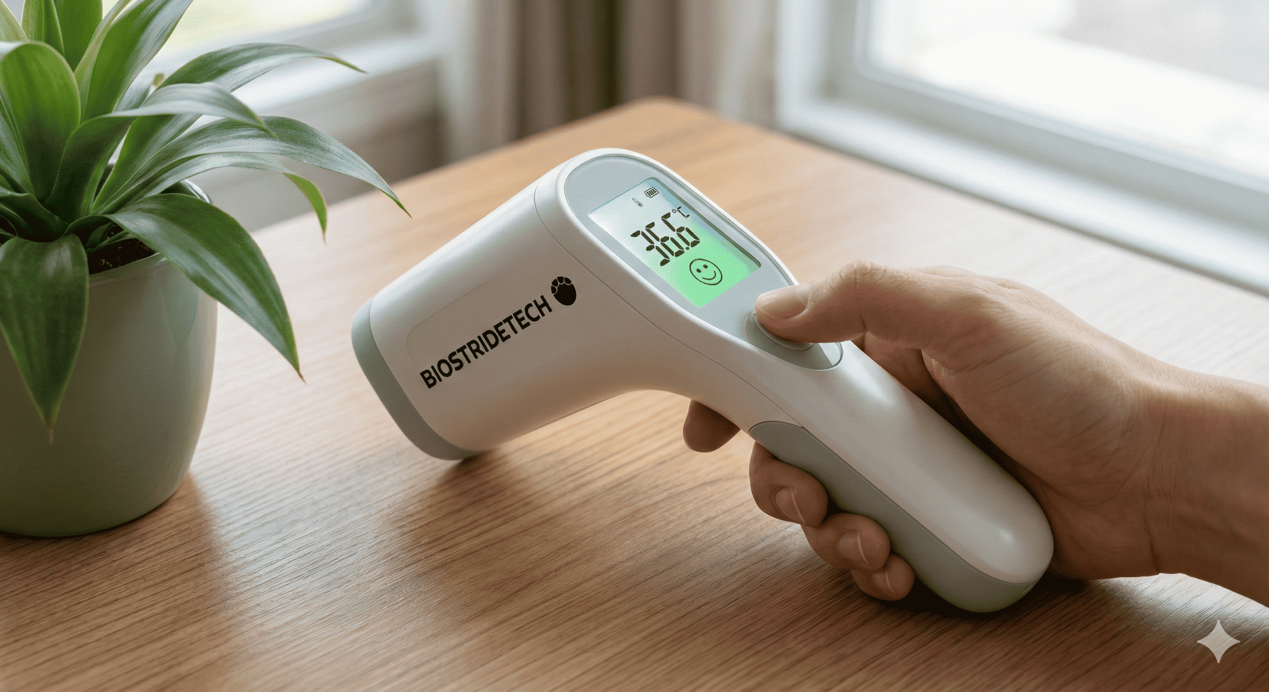 Termómetro digital BioStrideTech infrarrojo mostrando temperatura normal en pantalla verde