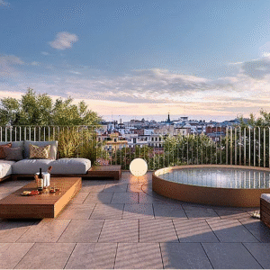 Conjunto de exterior con jacuzzi, sofá modular y mesa de centro