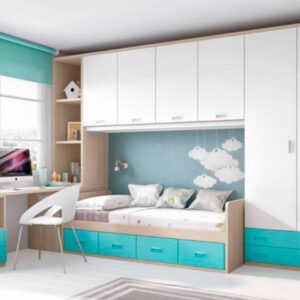 Habitación infantil con cama integrada, escritorio y armario
