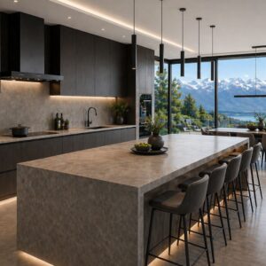 Cocina de lujo minimalista con isla central y comedor Integrado