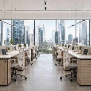 Oficina moderna con espacios abiertos y diseño corporativo