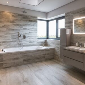 Baño minimalista con bañera integrada y mueble suspendido