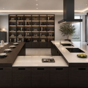 Cocina de diseño con isla multifuncional y barra integrada
