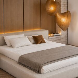 Cama baja de diseño contemporáneo tapizada