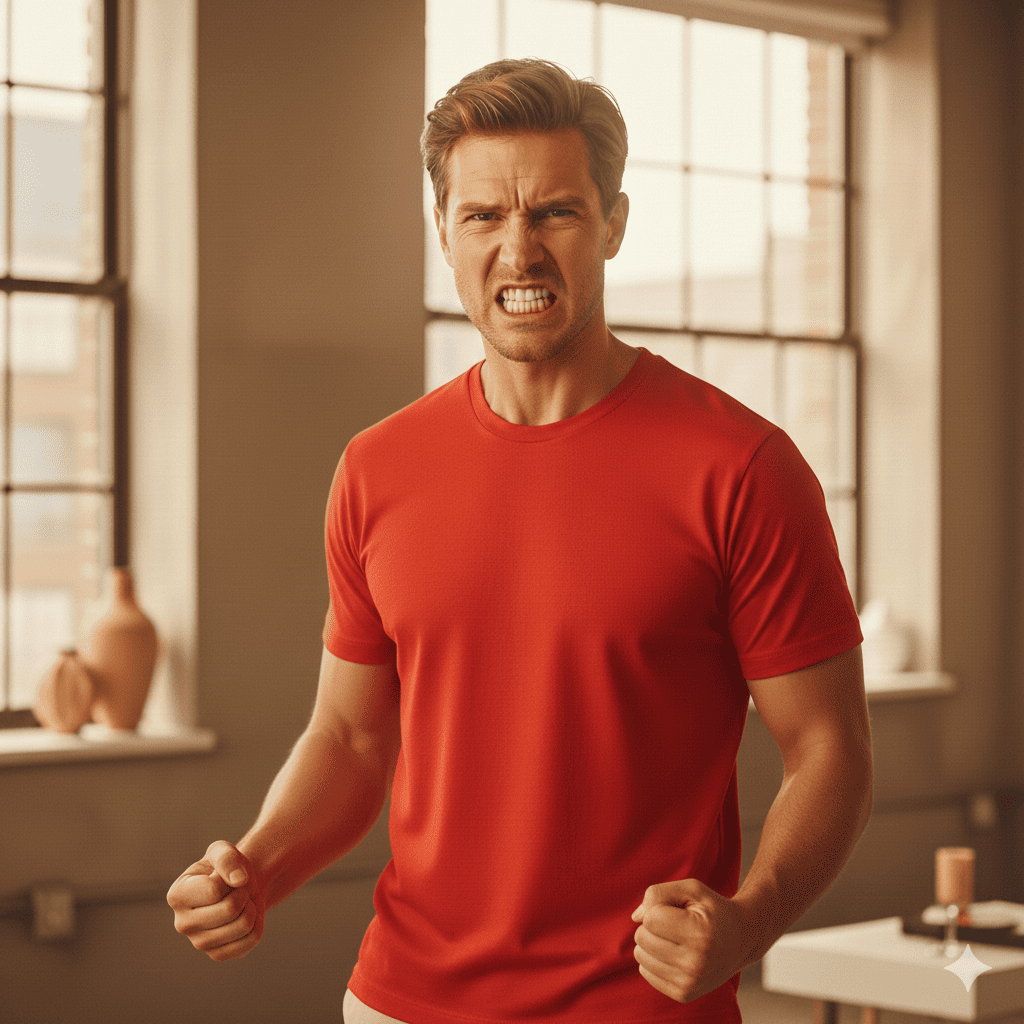 Hombre con camiseta inteligente en color rojo, reflejando un estado de rabia a través de sensores biométricos.