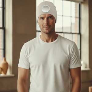 Hombre con expresión neutra vistiendo un gorro inteligente de color blanco roto con un sensor circular en la frente