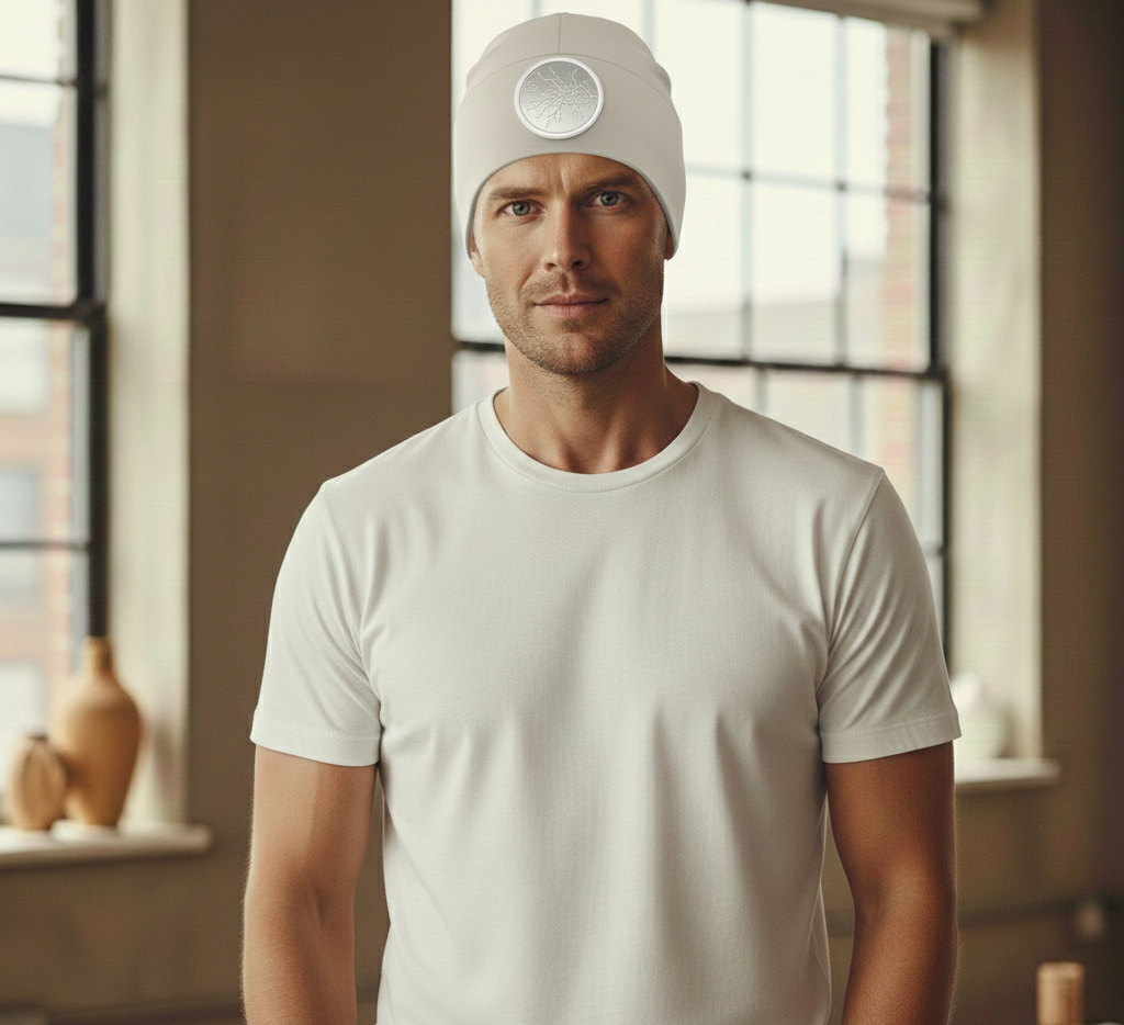 Hombre con expresión neutra vistiendo un gorro inteligente de color blanco roto con un sensor circular en la frente