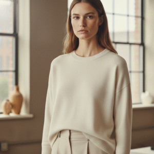 Mujer con jersey inteligente de color beige que cambia de tonalidad según sus emociones con tejido de punto fino y corte relajado