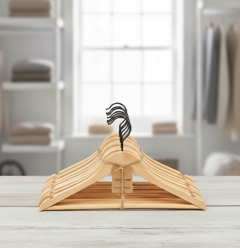 Pack de cinco perchas de madera clara con gancho metálico