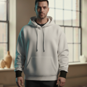 Sudadera de color blanco roto con capucha y bolsillo tipo canguro frontal. Tiene un corte moderno y holgado.