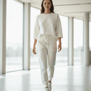 Mujer joven con pantalón jogger inteligente de color blanco roto